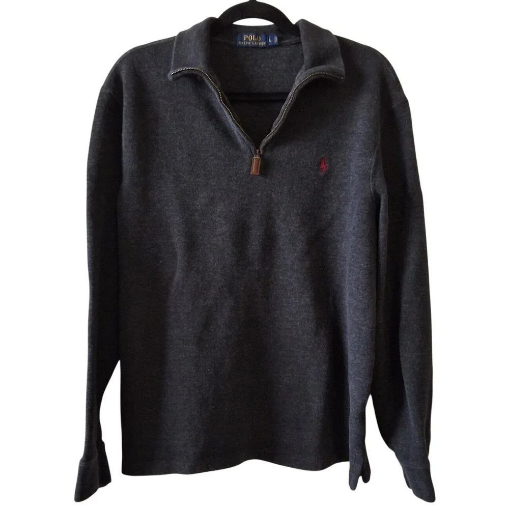 POLO RALPH LAUREN Mens L Gray Sweater /4 Zip Pullover Logo Preppy Equestrian